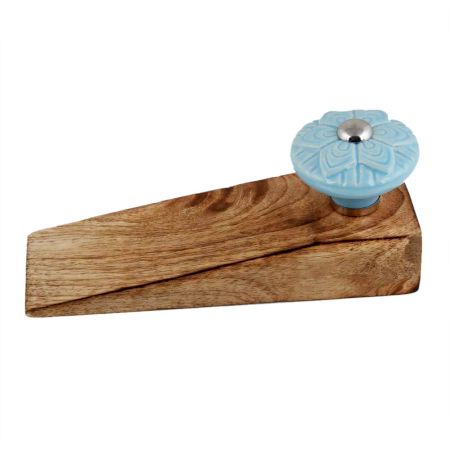 Blue Wheel Flower Ceramic Wooden Door Stopper